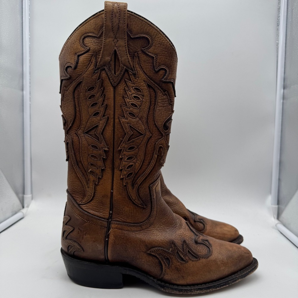 Frye Brown Leather Embroidered Western Heeled Boots